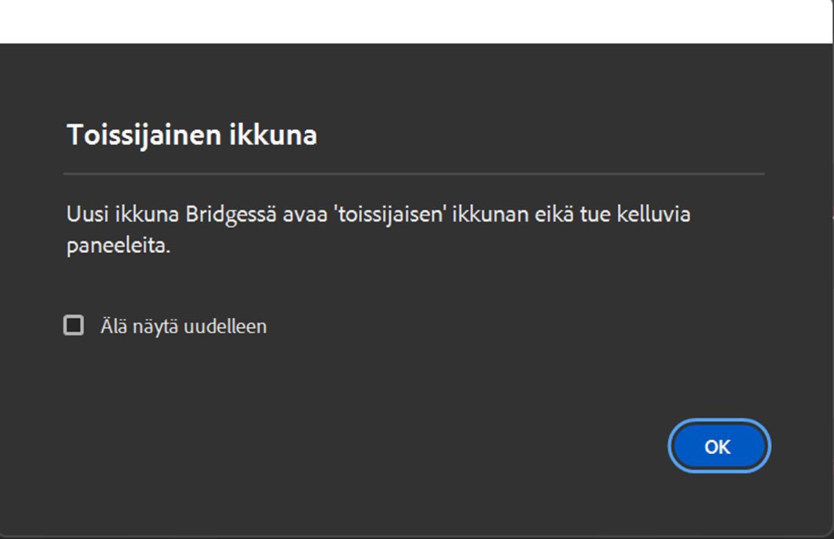 Tutustu Toissijainen ikkuna -valintaikkunaan, joka avautuu, kun Bridgessä avataan toissijainen ikkuna. 