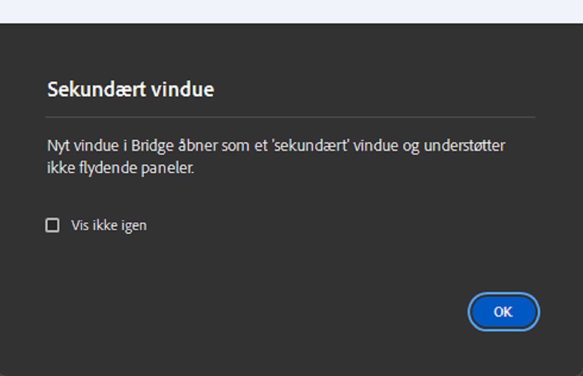 Udforsk dialogboksen Sekundært vindue, der vises ved start af et sekundært vindue i Bridge. 