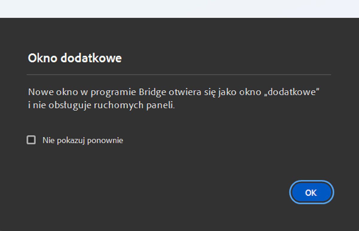 Zapoznaj się z oknem dialogowym Dodatkowe okno, które pojawia się po uruchomieniu dodatkowego okna w programie Bridge. 