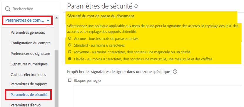 Menu administrateur Paramètres de sécurité mettant en évidence les commandes Sécurité du mot de passe du document