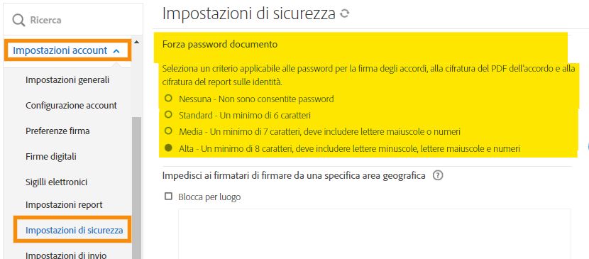 Impostazioni di sicurezza nel menu di amministrazione che evidenzia i controlli di complessità della password del documento