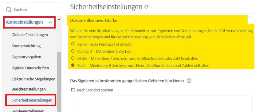 Admin-Menü „Sicherheitseinstellungen“, in dem die Optionen für die Dokumentpasswortstärke hervorgehoben sind
