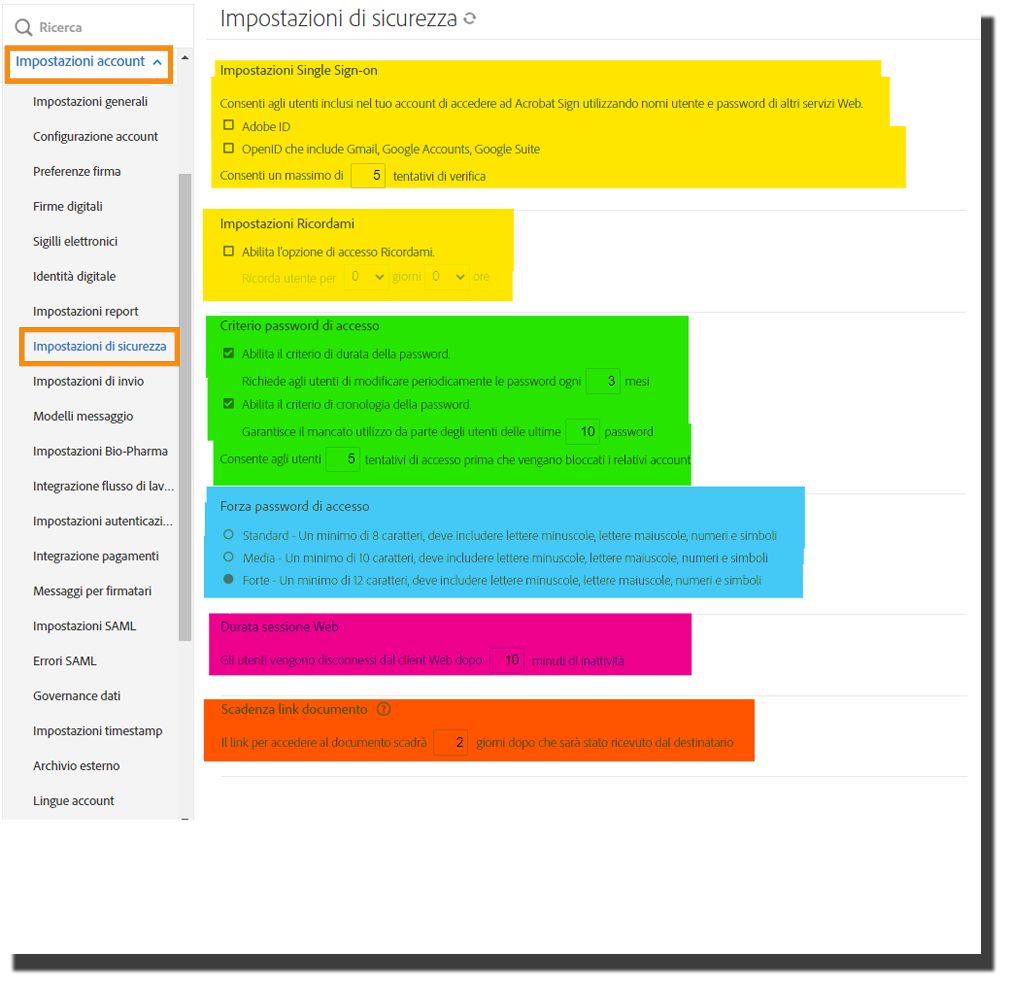 Impostazioni di sicurezza nel menu di amministrazione che evidenzia le diverse configurazioni di sicurezza suggerite.