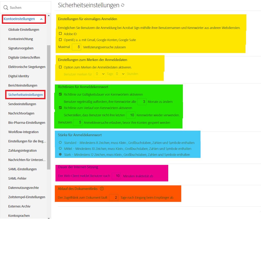 Admin-Menü „Sicherheitseinstellungen“, in dem die vorgeschlagenen Sicherheitskonfigurationen hervorgehoben sind.