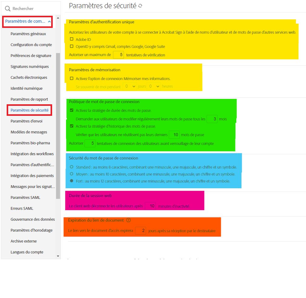 Menu administrateur Paramètres de sécurité mettant en évidence les différentes configurations de sécurité suggérées