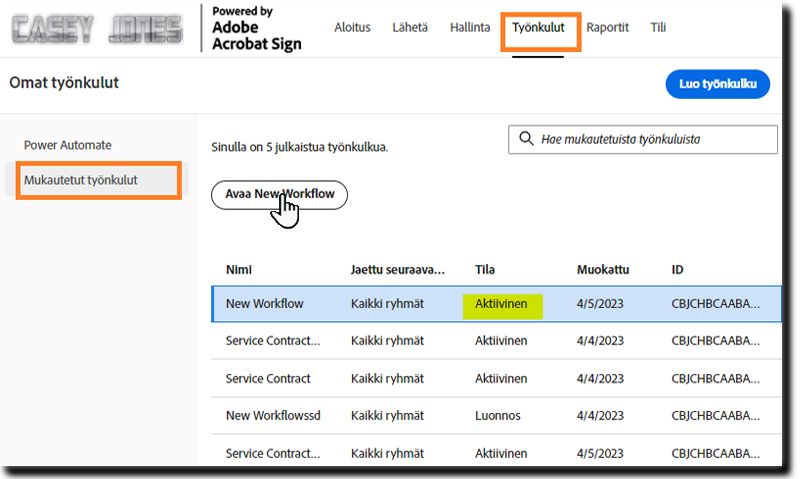 Luonnos-tilan työnkulun valitseminen