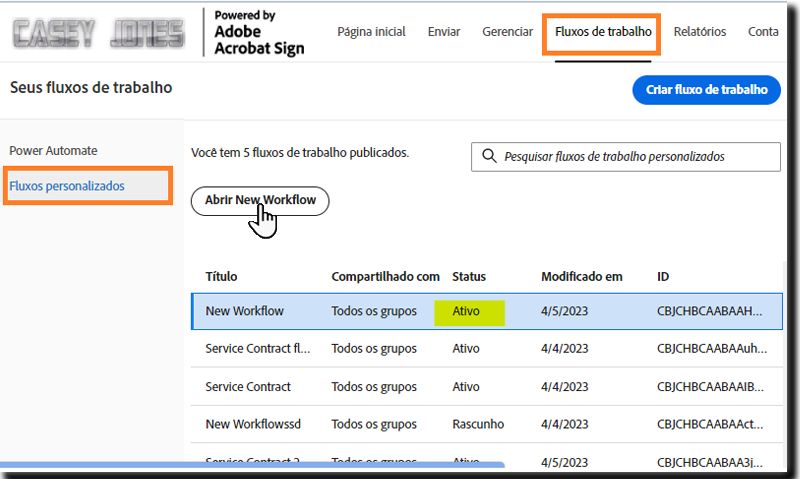 Selecionar um fluxo de trabalho com status de Rascunho