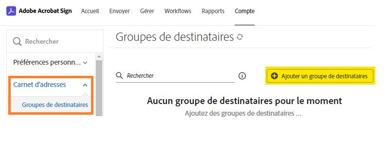 Page du groupe de destinataires vide avec le bouton Ajouter un groupe de destinataires en surbrillance