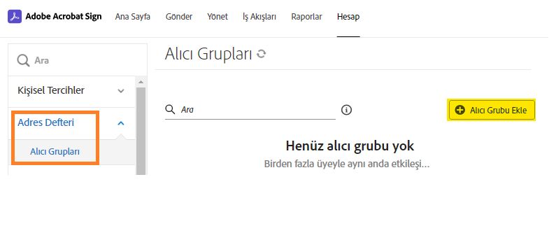 Alıcı Grubu Ekle düğmesi vurgulanmış olarak boş alıcı grubu sayfası