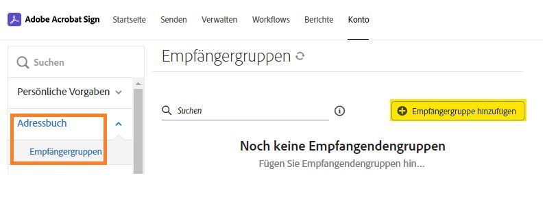 Die leere Seite „Empfangsgruppe“, die Schaltfläche „Empfangsgruppe hinzufügen“ ist hervorgehoben