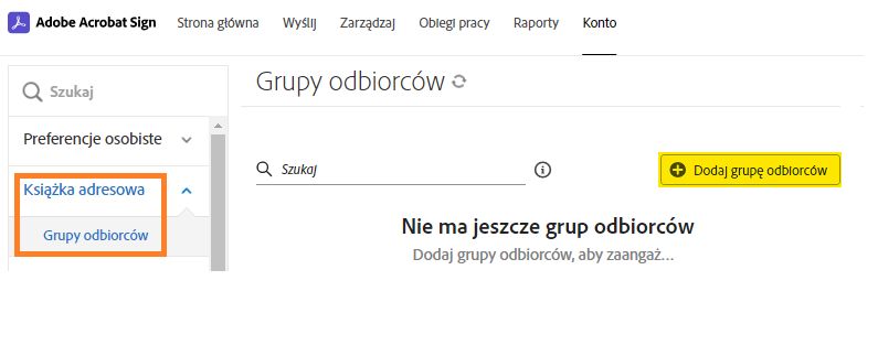 Pusta strona grupy odbiorców z podświetlonym przyciskiem Dodaj grupę odbiorców