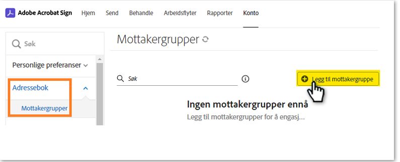 Den tomme mottakergruppesiden med Legg til mottakergruppe-knappen uthevet