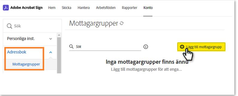 Den tomma sidan för mottagargruppen med knappen Lägg till mottagargrupp markerad