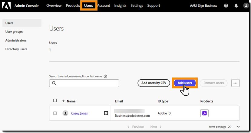 Konzole Admin Console se zvýrazněným tlačítkem Přidat uživatele