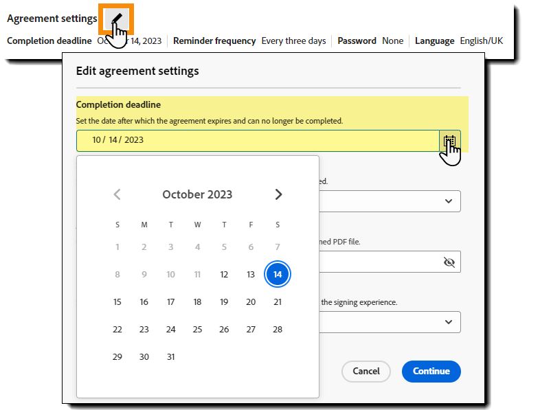 El panel de configuración del acuerdo con el calendario de fechas límite resaltado