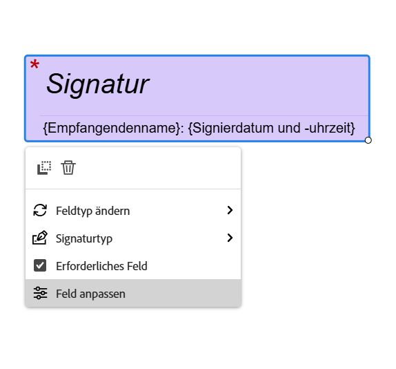 Das Feld „E-Signatur“ mit dem Kontextmenü und der hervorgehobenen Option „Feld anpassen“.