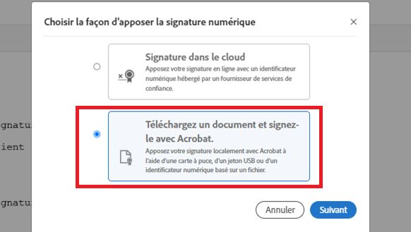 Options de sélection permettant de choisir un certificat de signature dans le cloud ou Acrobat.