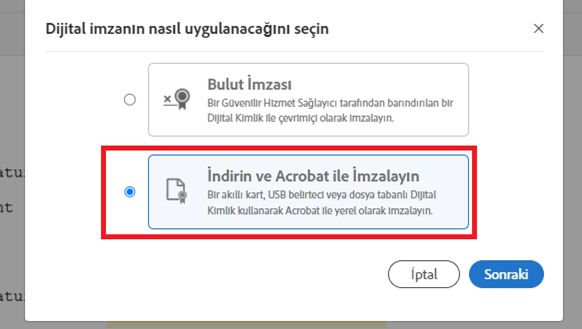 Bulut tabanlı veya Acrobat imza sertifikası seçme seçenekleri.