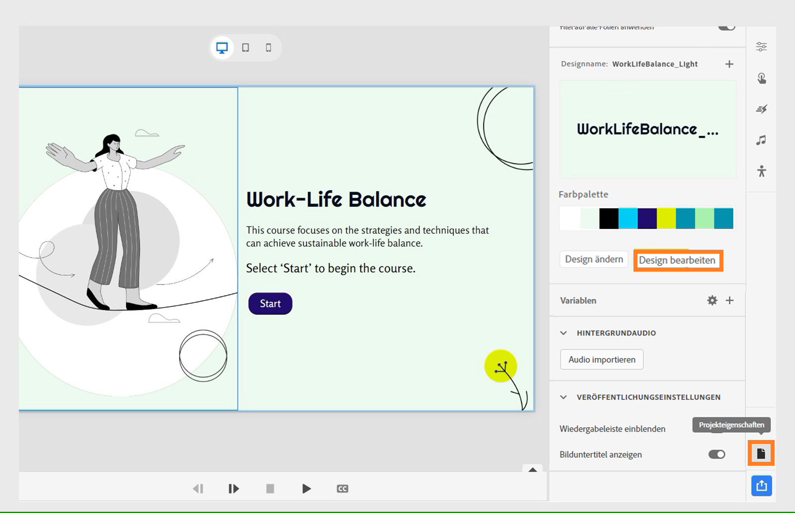 Auswählen von „Design bearbeiten“ über die Projekteigenschaften