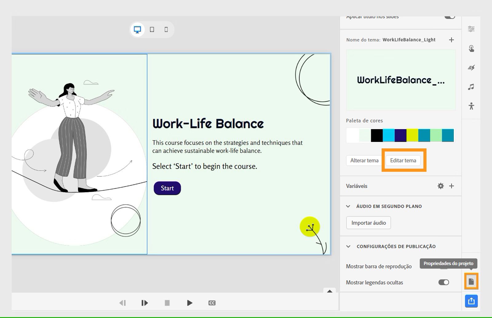 Selecionar Editar tema em Propriedades do projeto