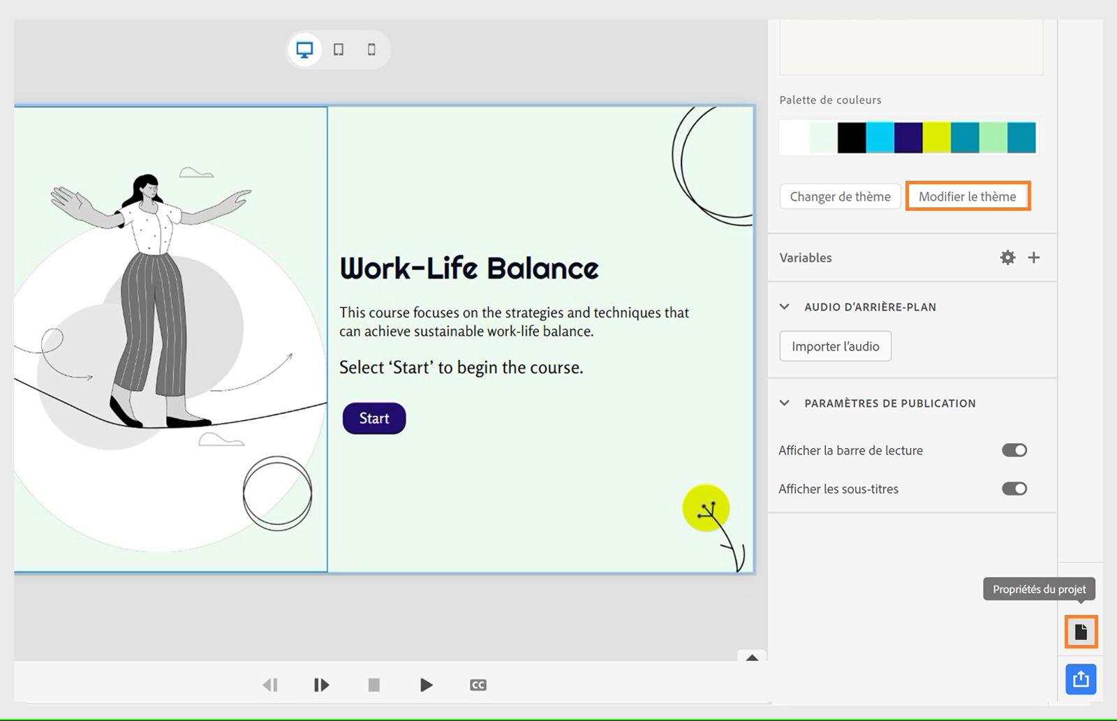 Sélection de l’option Modifier le thème dans Propriétés du projet