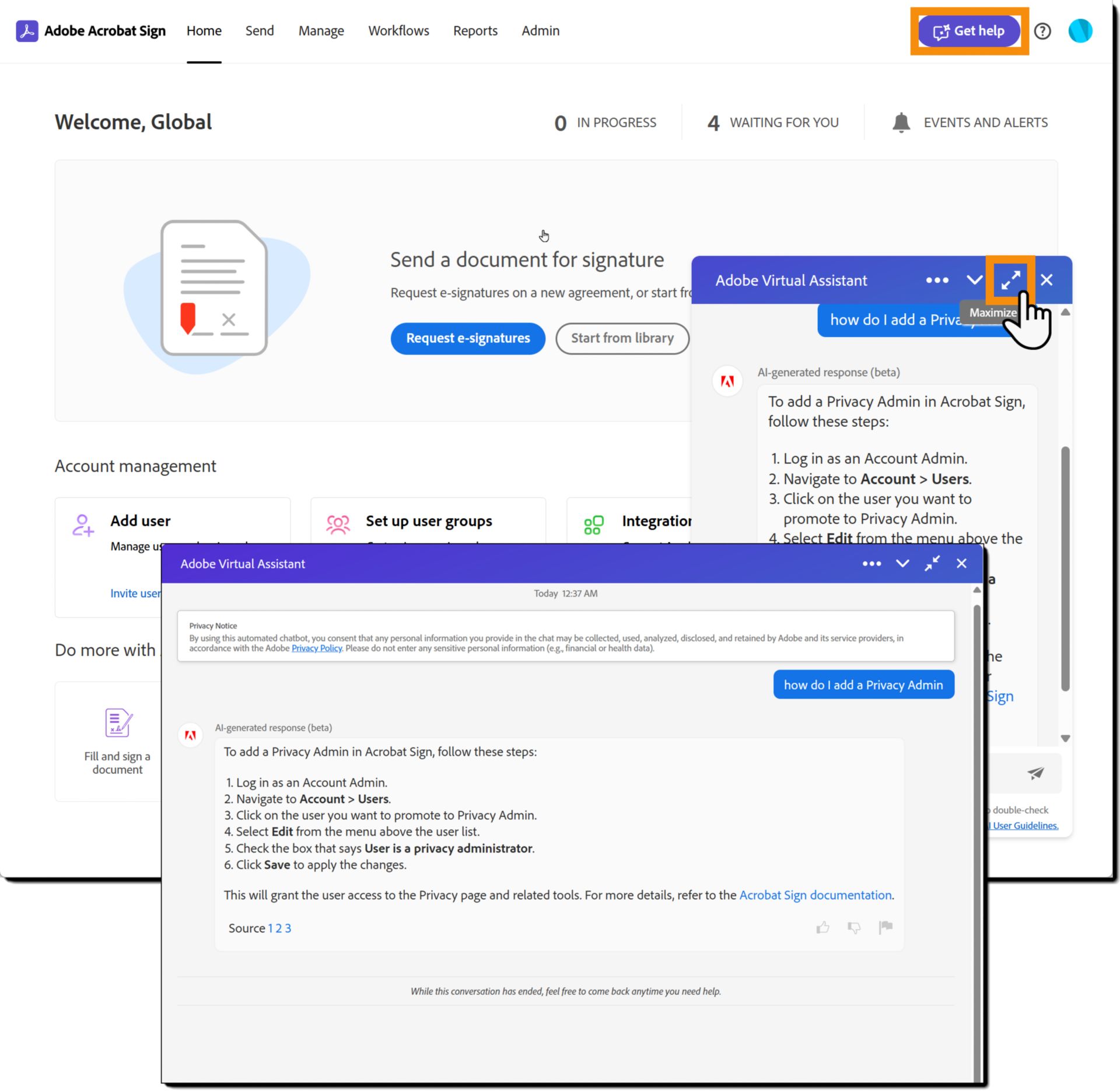 A página inicial mostrando o ícone do chatbot e a interface aberta do chatbot