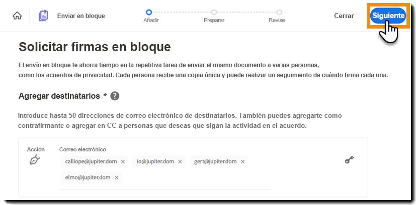 Configuración completada de la transacción Enviar en bloque