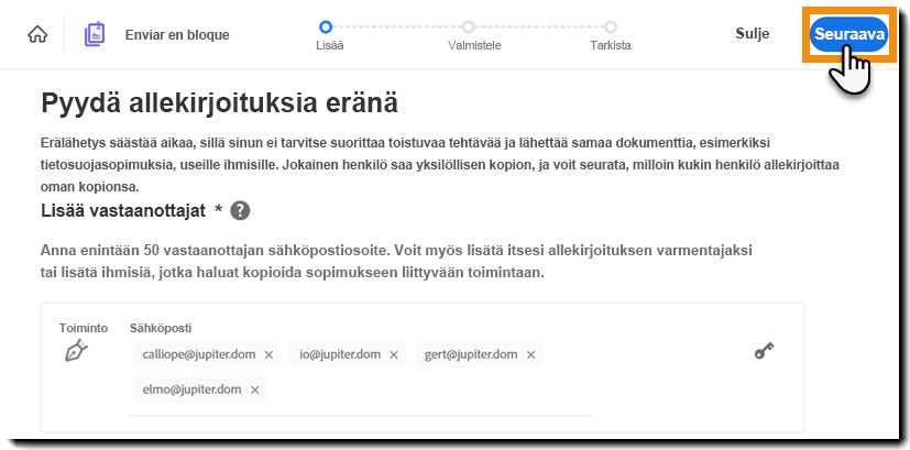 Lähetä eränä-tapahtuman konfigurointi suoritettuna loppuun