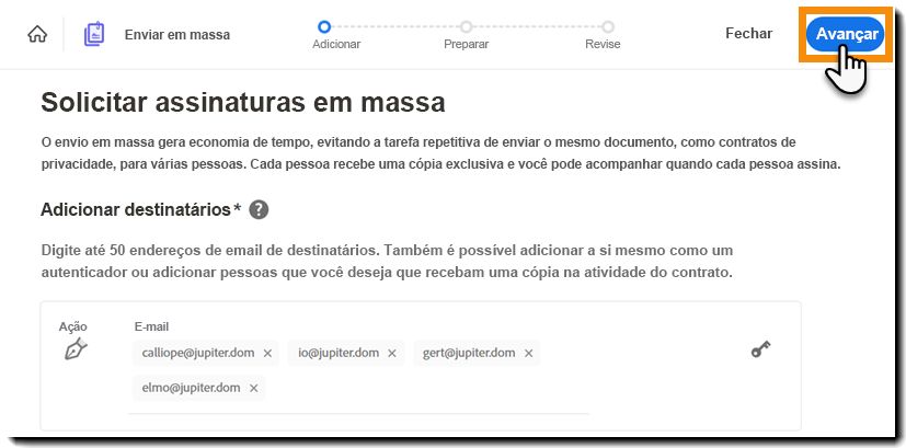 Configuração concluída da transação Envio em massa