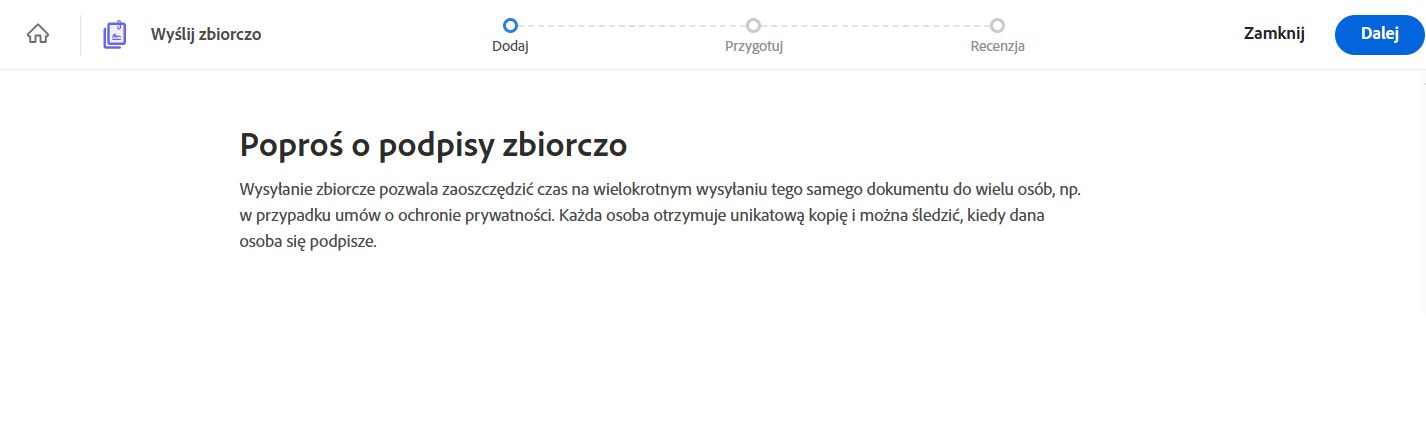 Szablon wysyłania masowego z wyróżnionym przyciskiem „Dalej