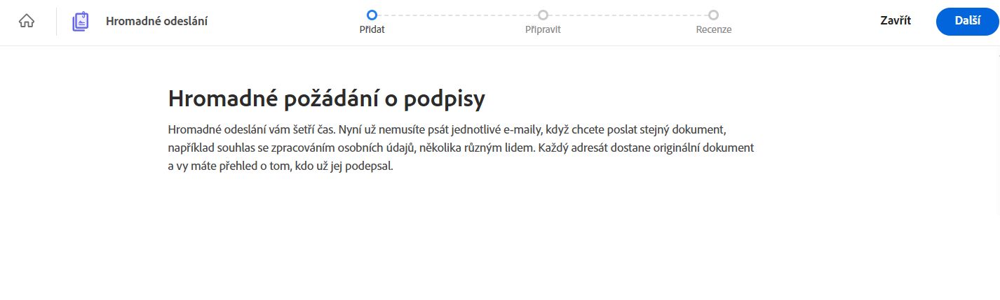 Šablona Hromadné odeslání se zvýrazněným tlačítkem &quot;Další&quot;