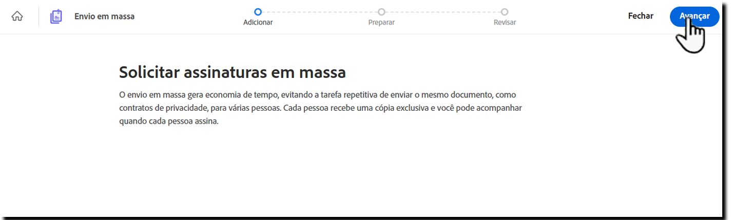 O modelo Enviar em Massa com o botão &quot;Avançar&quot; destacado