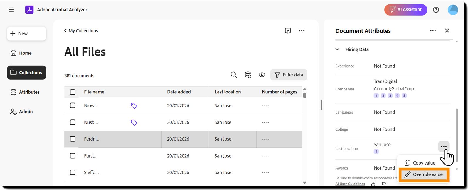 Valore di attributo estratto con il menu dei puntini di sospensione aperto e Sostituisci valore disponibile.