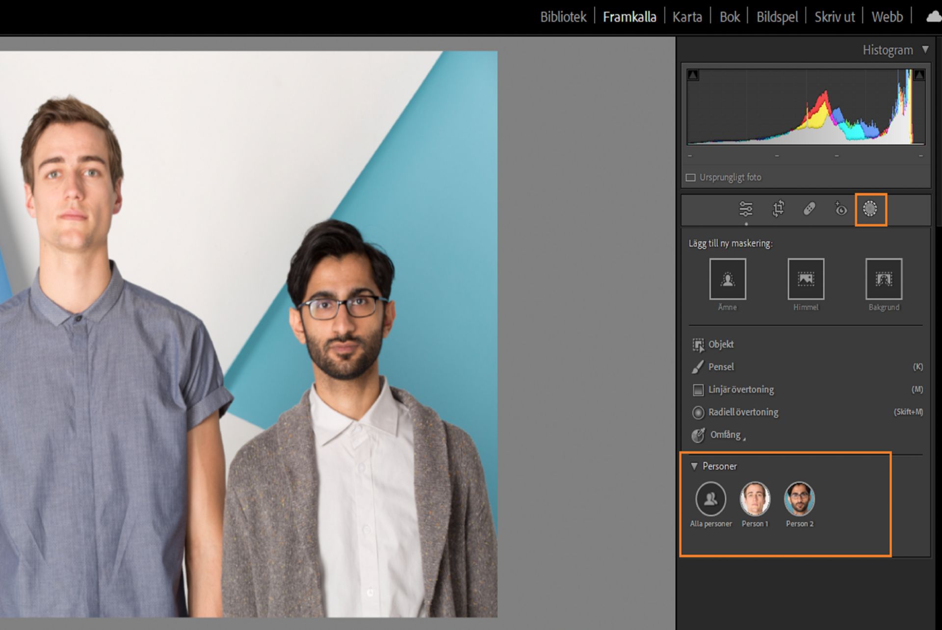 Foto av två män där maskeringsmöjligheterna vid markering av personer visas
