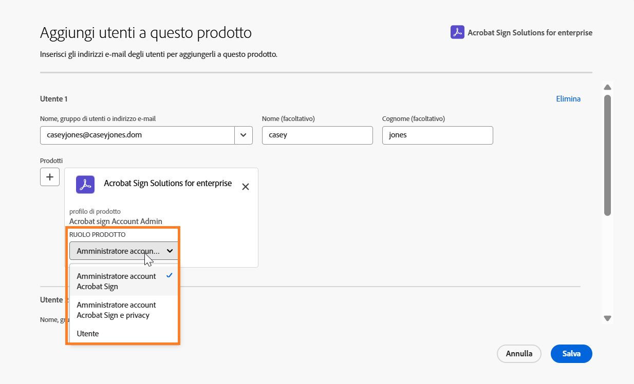 Il diritto Acrobat Sign dell’utente con il menu Ruolo prodotto espanso.