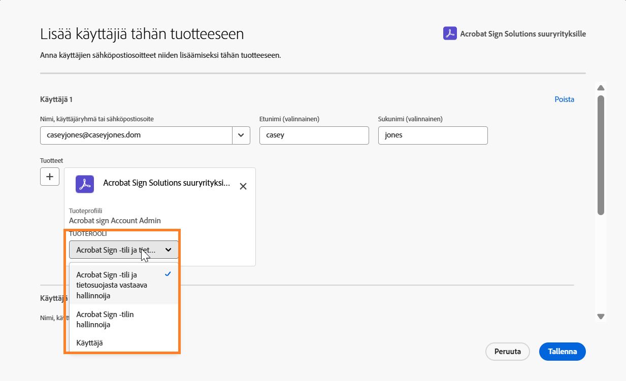 Käyttäjän Acrobat Sign -käyttöoikeus, jossa Tuoterooli-valikko on laajennettu.