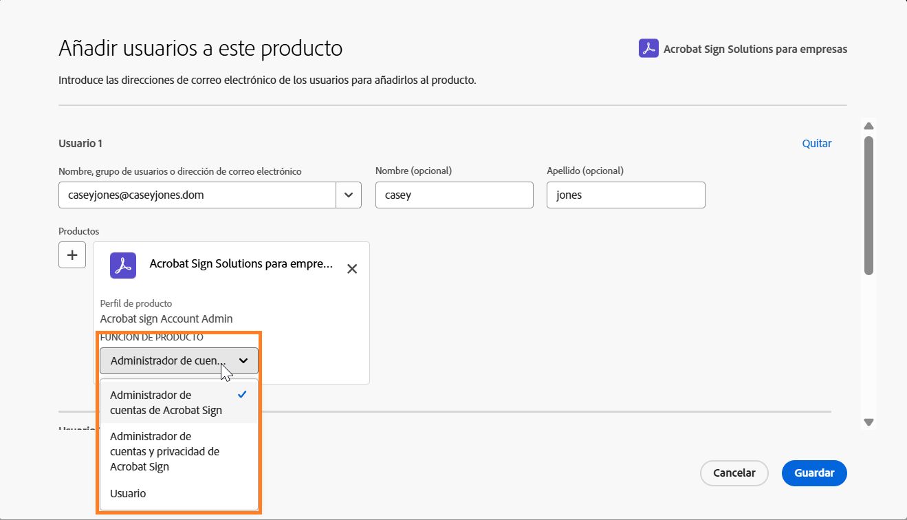 Autorización del usuario a Acrobat Sign con el menú Función de administración de producto expandido.