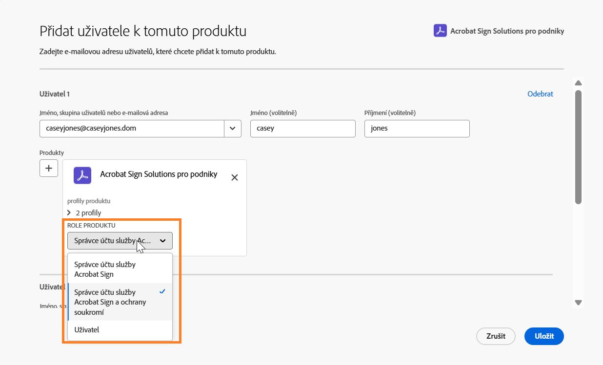 Oprávnění uživatele k Acrobat Sign s rozbalenou nabídkou Role produktu.