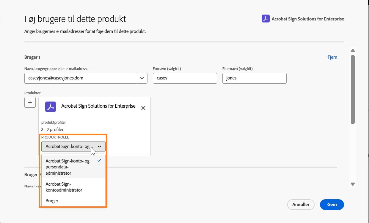 Brugerens Acrobat Sign-rettighed med menuen Produktrolle udvidet.