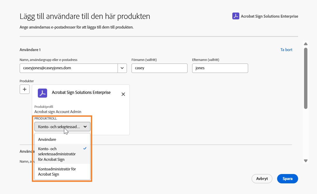 Användarens Acrobat Sign-behörighet med expanderad produktrollmeny.