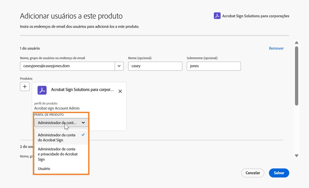 O direito do Acrobat Sign do usuário com o menu Função do produto expandido.