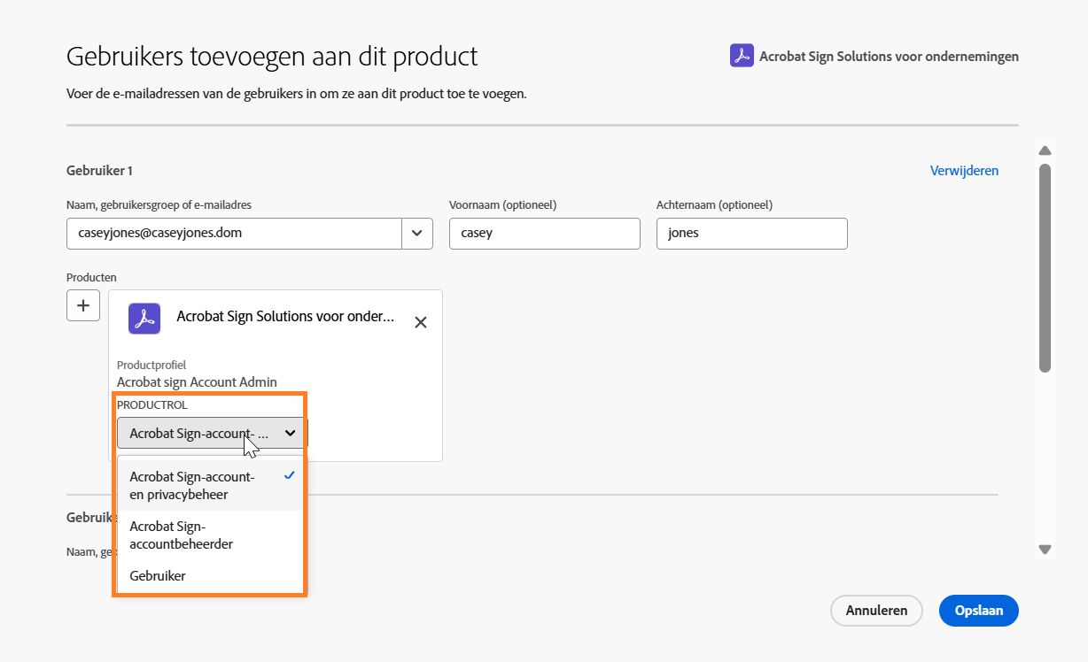 De Acrobat Sign-rechten van de gebruiker met het menu Productrol uitgevouwen.