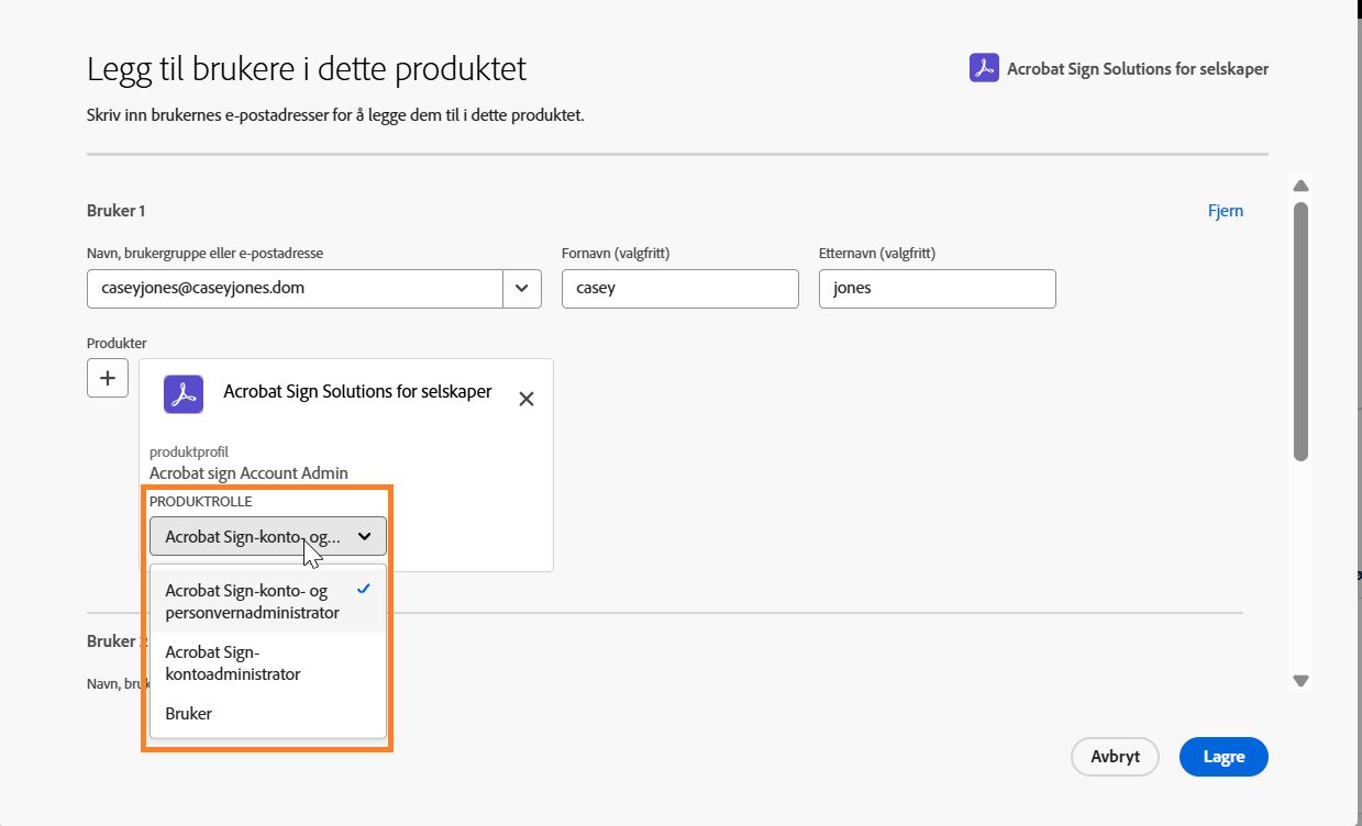 Brukerens Acrobat Sign-rettighet med utvidet Produktrolle-meny.