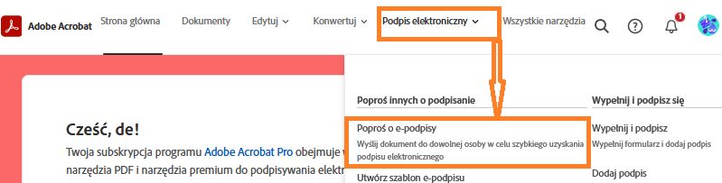 Wybierz opcję Poproś o podpisy elektroniczne