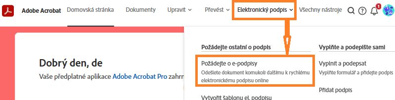 Vybrat možnost Požádat o e-podpis