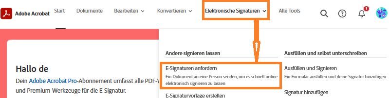 „e-Signatur anfordern“ auswählen