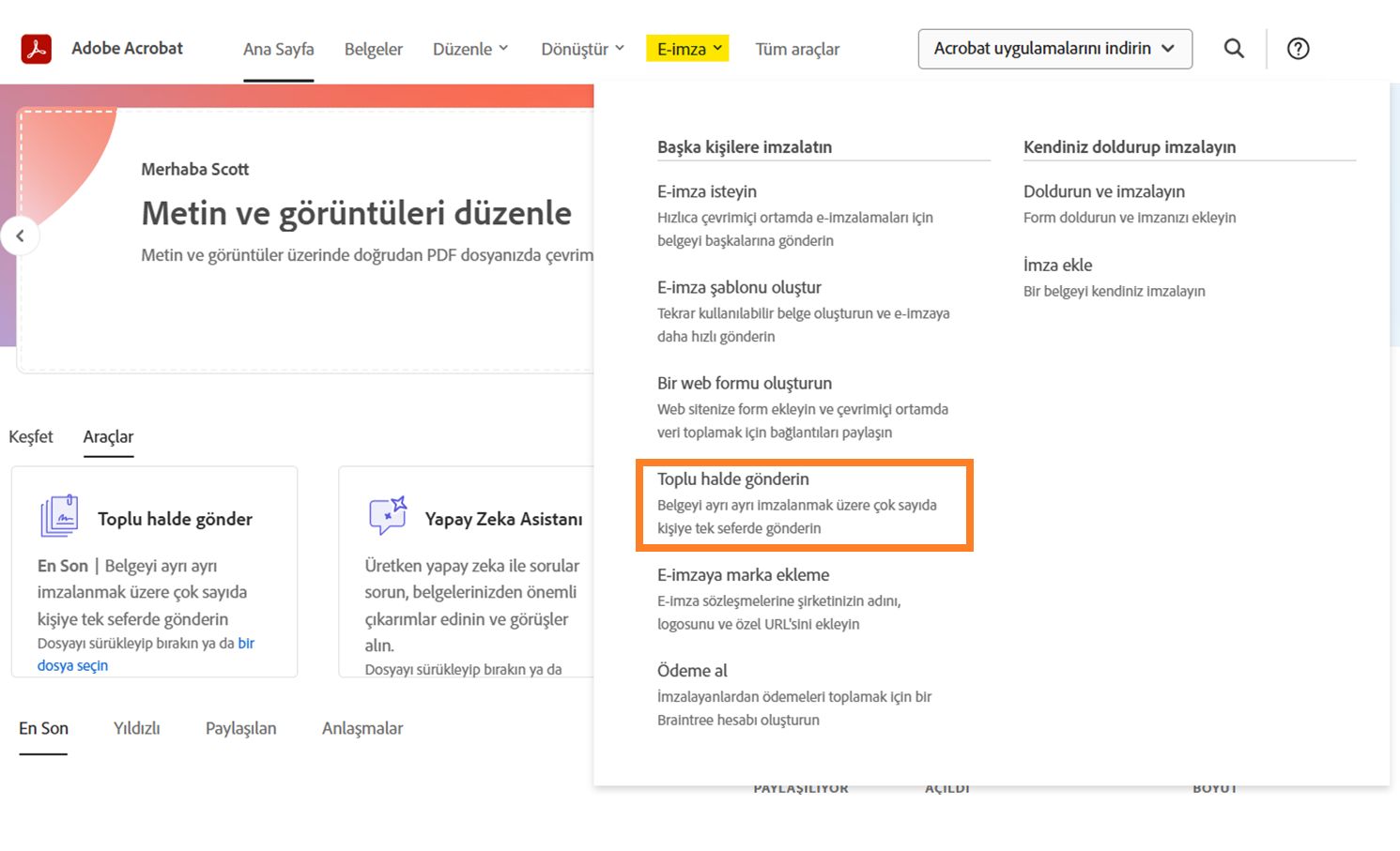 Toplu halde gönder seçeneğinin vurgulandığı E-imza açılır menüsü