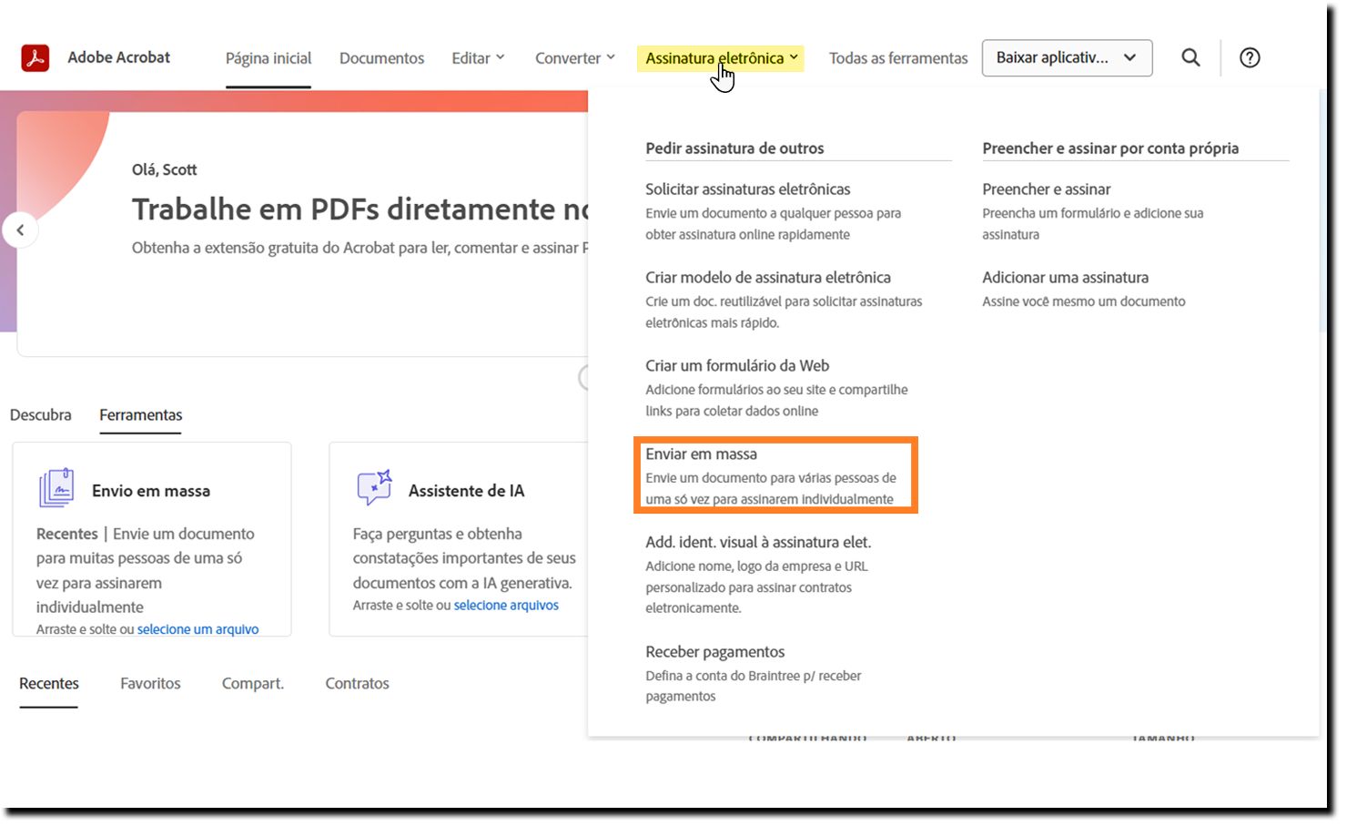 O menu suspenso de assinatura eletrônica, destacando a opção “Envio em massa”
