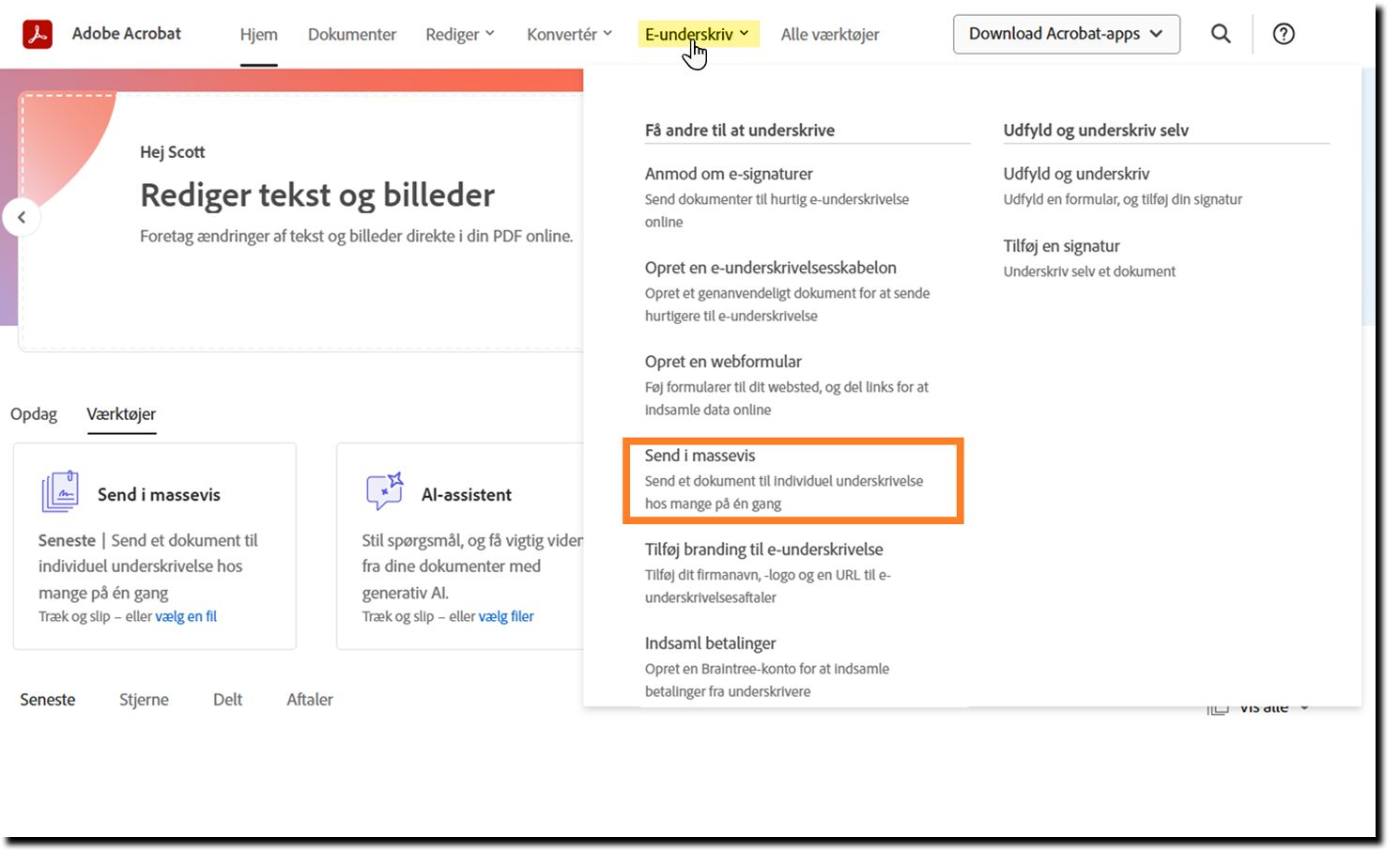 Rullemenuen E-underskrivelse, der fremhæver muligheden Send i massevis
