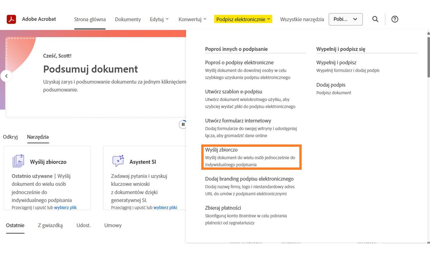 Menu rozwijane E-sign z wyróżnioną opcją Wyślij masowo